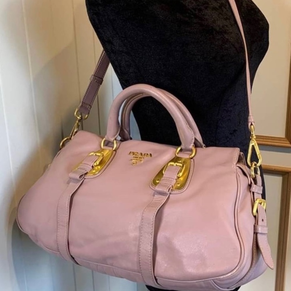 Prada calfskin satchel in mauve/ taupe.